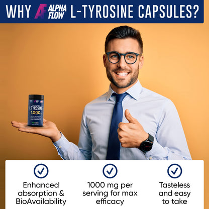 Alpha Flow L Tyrosine 1000MG Capsules - All-Natural L- Tyrosine Supplement for Focus & Energy Boost - Non-GMO & Gluten-Free - Maple Wellness Supplements