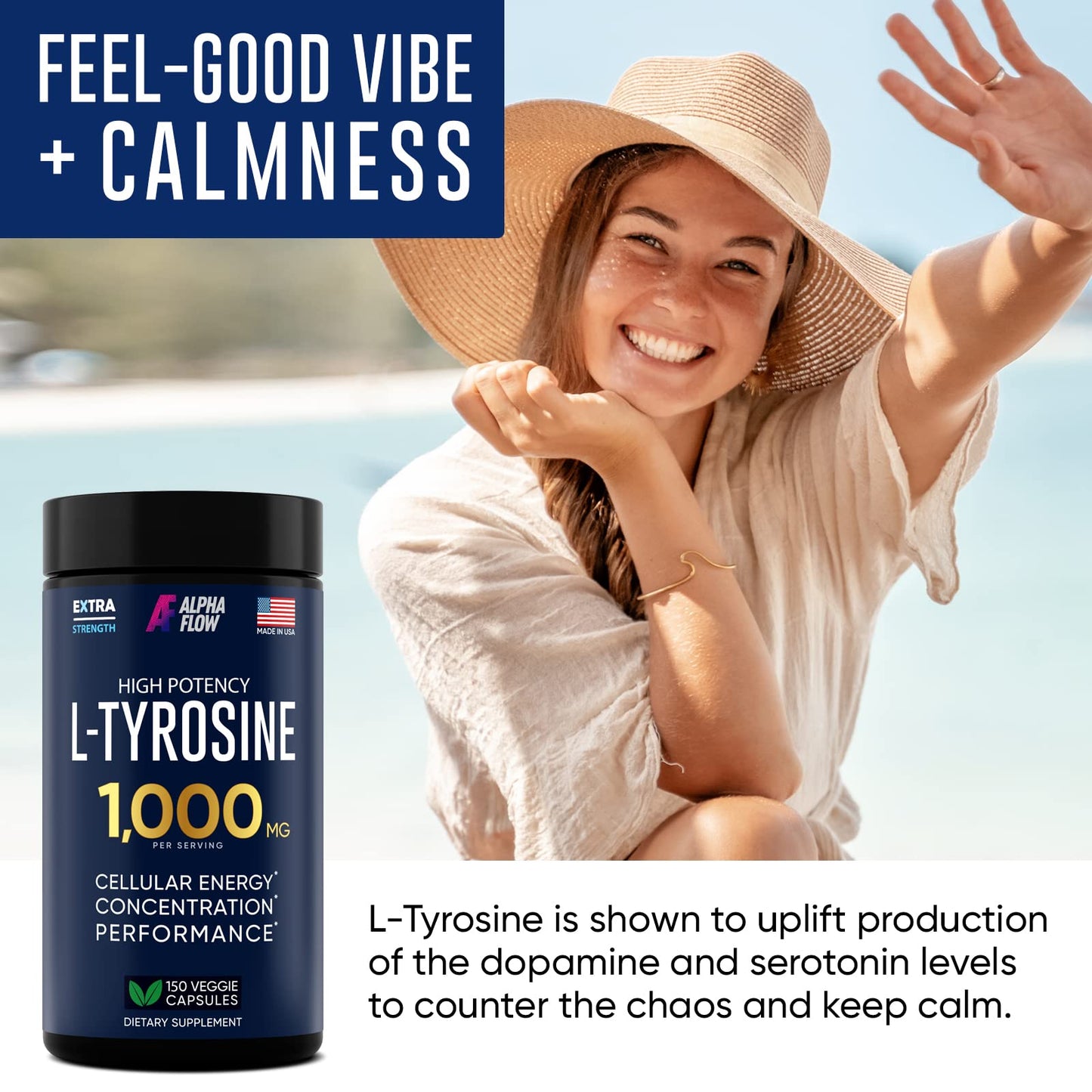 Alpha Flow L Tyrosine 1000MG Capsules - All-Natural L- Tyrosine Supplement for Focus & Energy Boost - Non-GMO & Gluten-Free - Maple Wellness Supplements