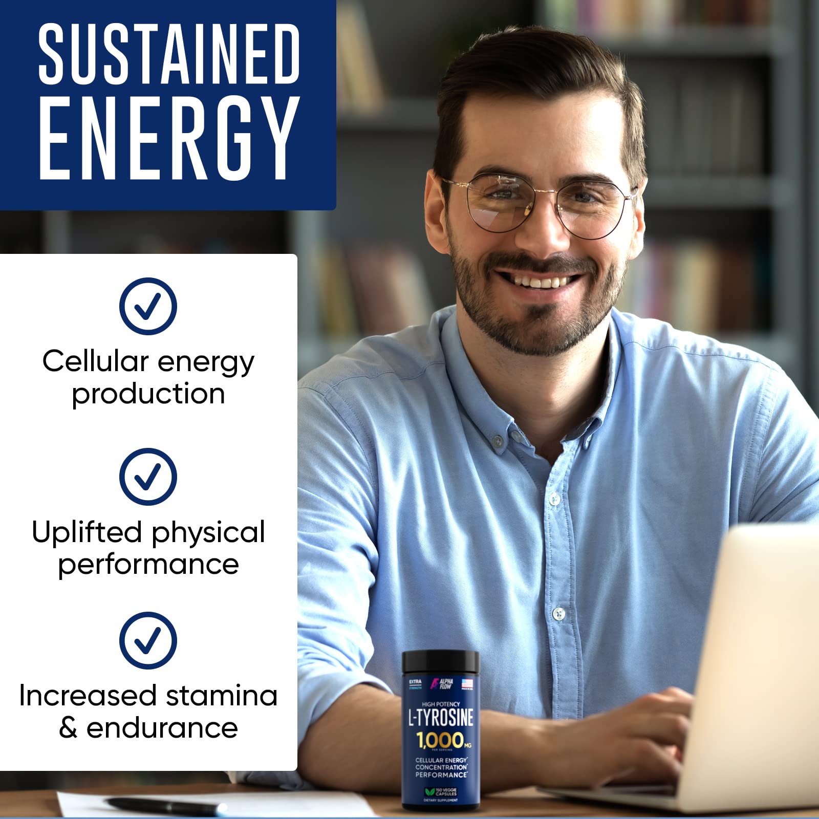 Alpha Flow L Tyrosine 1000MG Capsules - All-Natural L- Tyrosine Supplement for Focus & Energy Boost - Non-GMO & Gluten-Free - Maple Wellness Supplements
