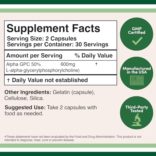 Alpha GPC Choline 600mg Capsules - Brain Support Supplement for Focus, Memory - Maple Wellness Supplements