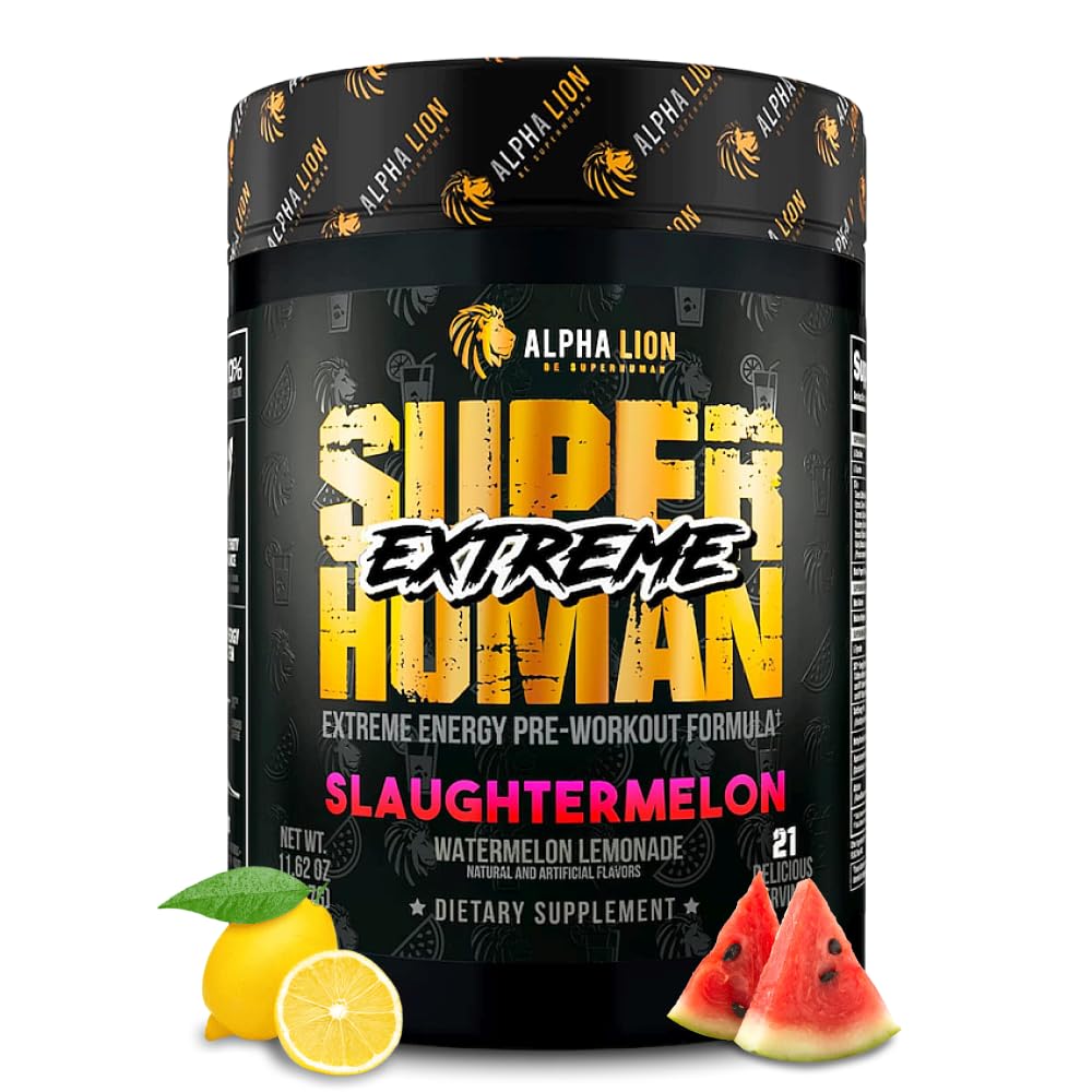 ALPHA LION Superhuman Extreme High Stim Pre Workout Powder, Beta Alanine, L-Taurine & 356mg Tri-Source Caffeine for Sustained Energy, Nitric Oxide & Citrulline for Pump (21 Servings, Slaughtermelon) - Maple Wellness Supplements