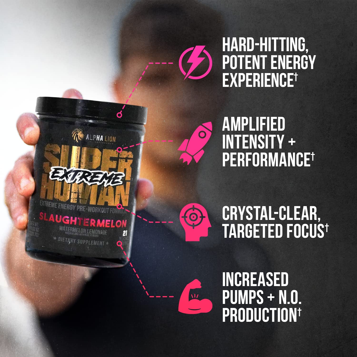 ALPHA LION Superhuman Extreme High Stim Pre Workout Powder, Beta Alanine, L-Taurine & 356mg Tri-Source Caffeine for Sustained Energy, Nitric Oxide & Citrulline for Pump (21 Servings, Slaughtermelon) - Maple Wellness Supplements