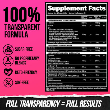 ALPHA LION Superhuman Extreme High Stim Pre Workout Powder, Beta Alanine, L-Taurine & 356mg Tri-Source Caffeine for Sustained Energy, Nitric Oxide & Citrulline for Pump (21 Servings, Slaughtermelon) - Maple Wellness Supplements
