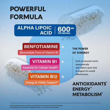 Alpha Lipoic Acid 600mg - ALA Supplement Antioxidant for Nerve, Energy & Metabolism Support - Extra Strength with Benfotiamine, B1 & B12 - Lab Tested, NON-GMO & Vegan - Maple Wellness Supplements