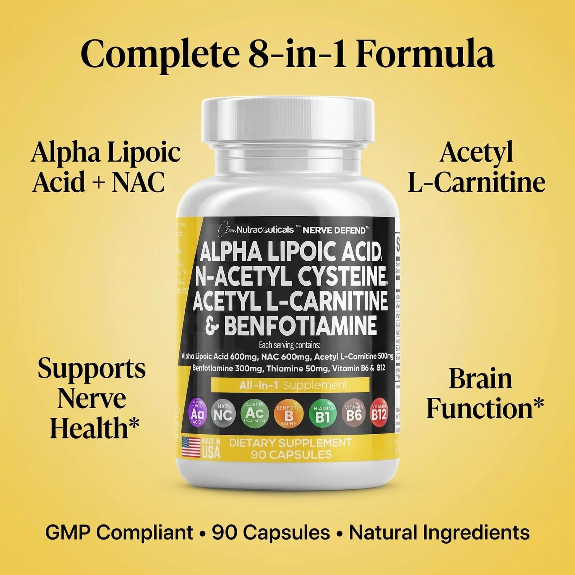 Alpha Lipoic Acid 600mg N-Acetyl Cysteine 600mg Acetyl L-Carnitine 500mg Benfotiamine 300mg - Nerve Support Supplement for Women and Men - Maple Wellness Supplements