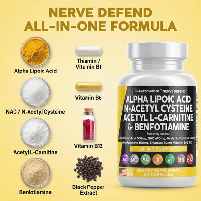 Alpha Lipoic Acid 600mg N-Acetyl Cysteine 600mg Acetyl L-Carnitine 500mg Benfotiamine 300mg - Nerve Support Supplement for Women and Men - Maple Wellness Supplements