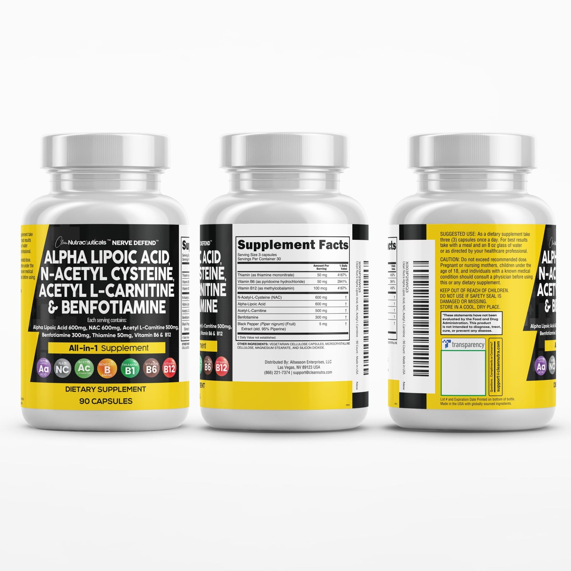Alpha Lipoic Acid 600mg N-Acetyl Cysteine 600mg Acetyl L-Carnitine 500mg Benfotiamine 300mg - Nerve Support Supplement for Women and Men with Vitamin B1 B6 & B12 - Made in USA 90 Caps - Maple Wellness Supplements