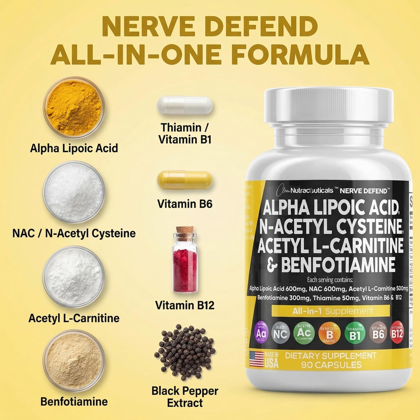 Alpha Lipoic Acid 600mg N-Acetyl Cysteine 600mg Acetyl L-Carnitine 500mg Benfotiamine 300mg - Nerve Support Supplement for Women and Men with Vitamin B1 B6 & B12 - Made in USA 90 Caps - Maple Wellness Supplements