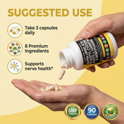 Alpha Lipoic Acid 600mg N-Acetyl Cysteine 600mg Acetyl L-Carnitine 500mg Benfotiamine 300mg - Nerve Support Supplement for Women and Men with Vitamin B1 B6 & B12 - Made in USA 90 Caps - Maple Wellness Supplements