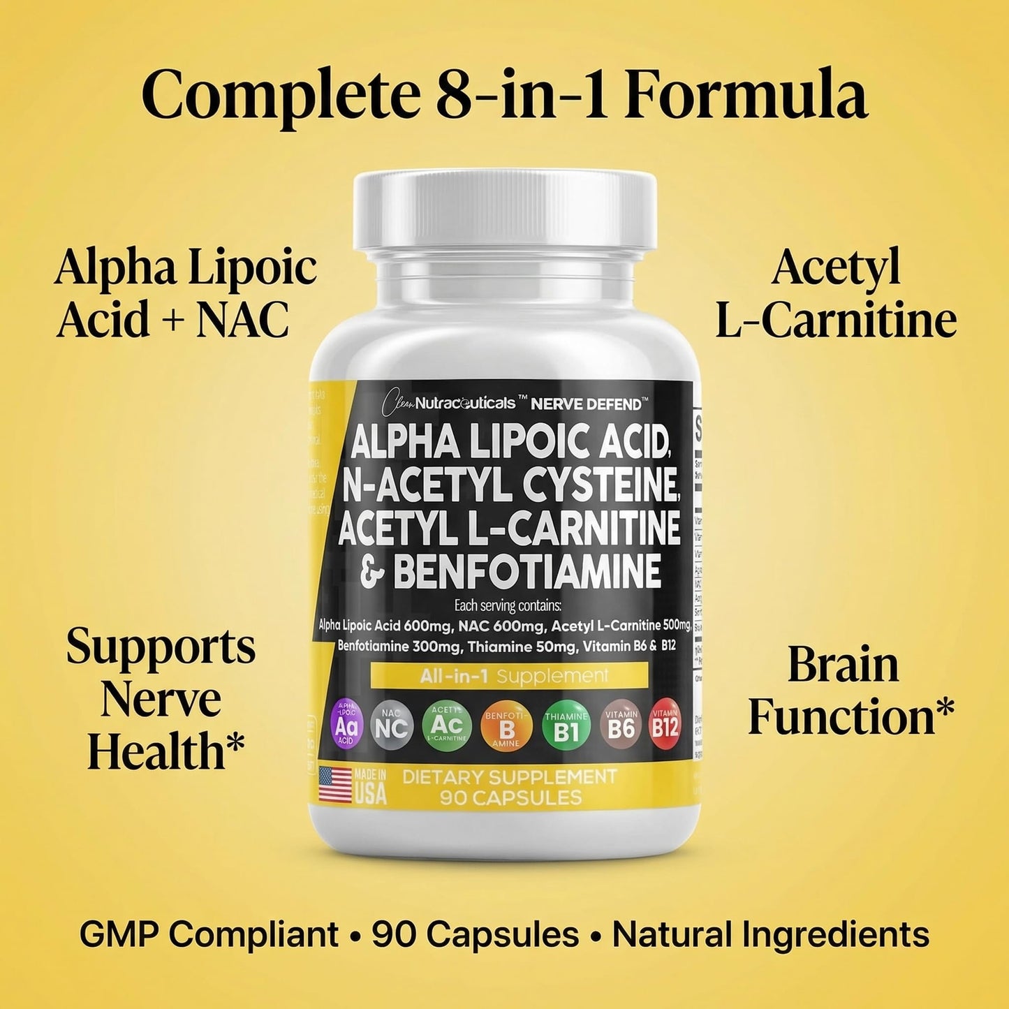 Alpha Lipoic Acid 600mg N-Acetyl Cysteine 600mg Acetyl L-Carnitine 500mg Benfotiamine 300mg - Nerve Support Supplement for Women and Men with Vitamin B1 B6 & B12 - Made in USA 90 Caps - Maple Wellness Supplements