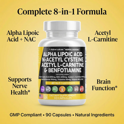 Alpha Lipoic Acid 600mg N-Acetyl Cysteine 600mg Acetyl L-Carnitine 500mg Benfotiamine 300mg - Nerve Support Supplement for Women and Men with Vitamin B1 B6 & B12 - Made in USA 90 Caps - Maple Wellness Supplements