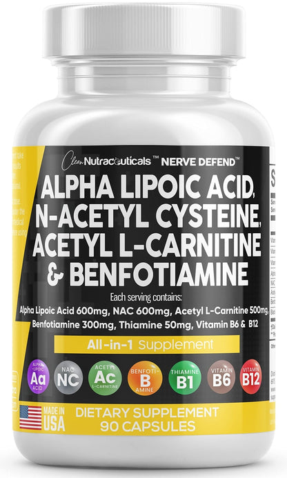 Alpha Lipoic Acid 600mg N-Acetyl Cysteine 600mg Acetyl L-Carnitine 500mg Benfotiamine 300mg - Nerve Support Supplement for Women and Men with Vitamin B1 B6 & B12 - Made in USA 90 Caps - Maple Wellness Supplements