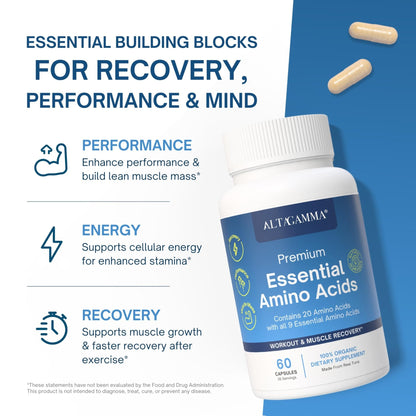 ALTAGAMMA Pure Amino Acids Complex - Protein for Pre/Post Workout, Energy & Muscle Recovery - 9 Essential Amino Acids Supplement (EAA) & BCAAs - Leucine, Lysine, L Tyrosine, L Arginine, 60 Capsules - Maple Wellness Supplements