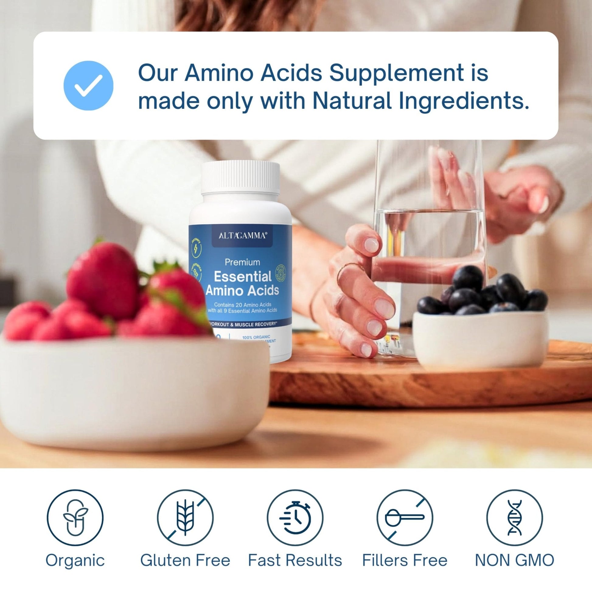 ALTAGAMMA Pure Amino Acids Complex - Protein for Pre/Post Workout, Energy & Muscle Recovery - 9 Essential Amino Acids Supplement (EAA) & BCAAs - Leucine, Lysine, L Tyrosine, L Arginine, 60 Capsules - Maple Wellness Supplements