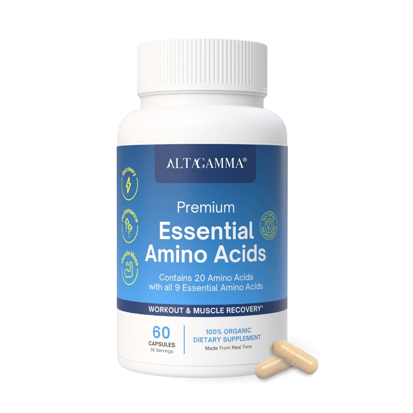 ALTAGAMMA Pure Amino Acids Complex - Protein for Pre/Post Workout, Energy & Muscle Recovery - 9 Essential Amino Acids Supplement (EAA) & BCAAs - Leucine, Lysine, L Tyrosine, L Arginine, 60 Capsules - Maple Wellness Supplements