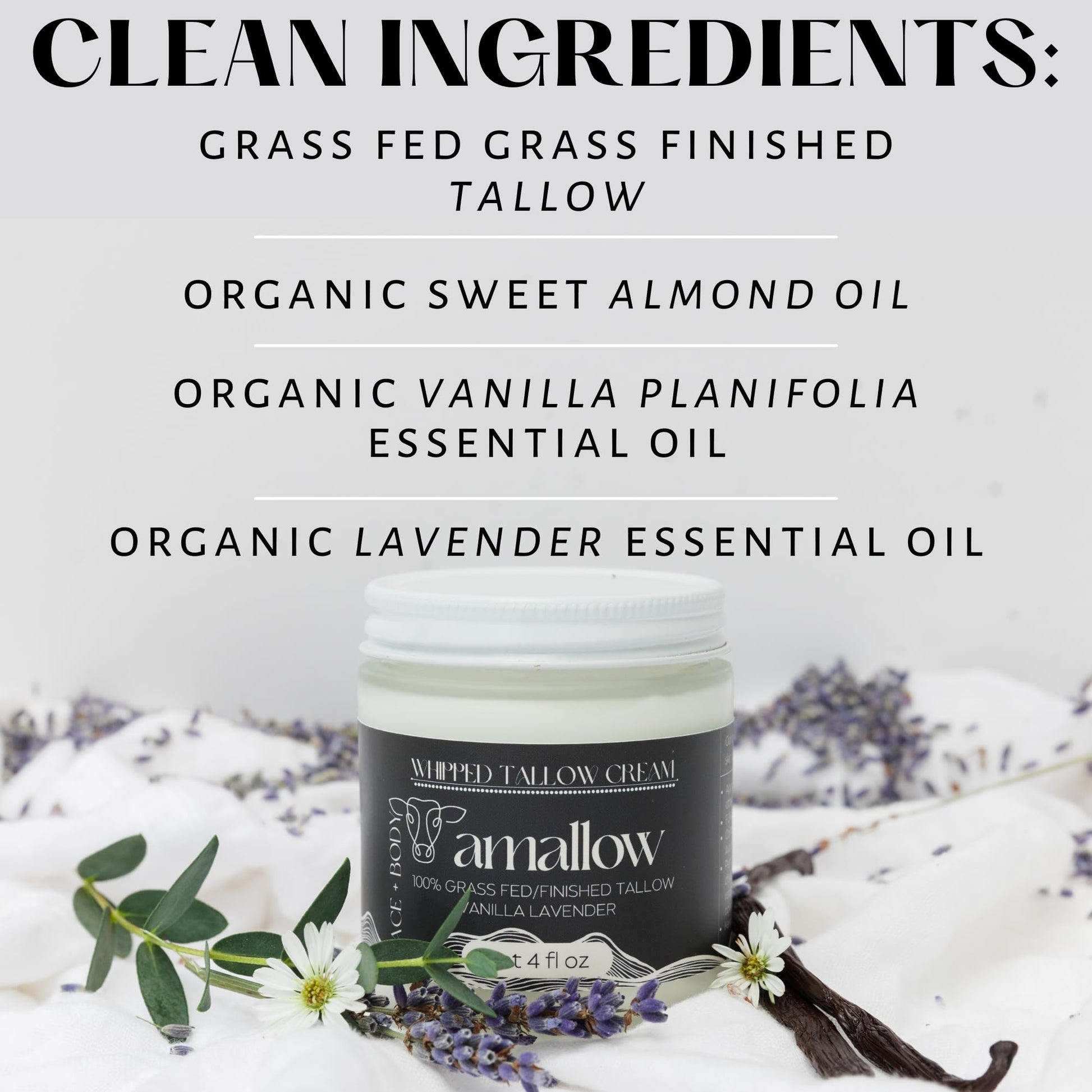 Amallow 100% Grass Fed Beef Tallow for Skin Care - Face + Body - Whipped Moisturizer - Natural Lotion, 4 FL. oz. (Vanilla Lavender) - Maple Wellness Supplements