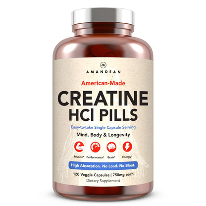 AMANDEAN Creatine HCl Pills. American Made CON-CRET. 120 Capsules. 7X Concentrated. No Bloat. Muscle, Energy, Cognitive, Recovery Support for Men & Women. Gluten Free, Non-GMO. - Maple Wellness Supplements