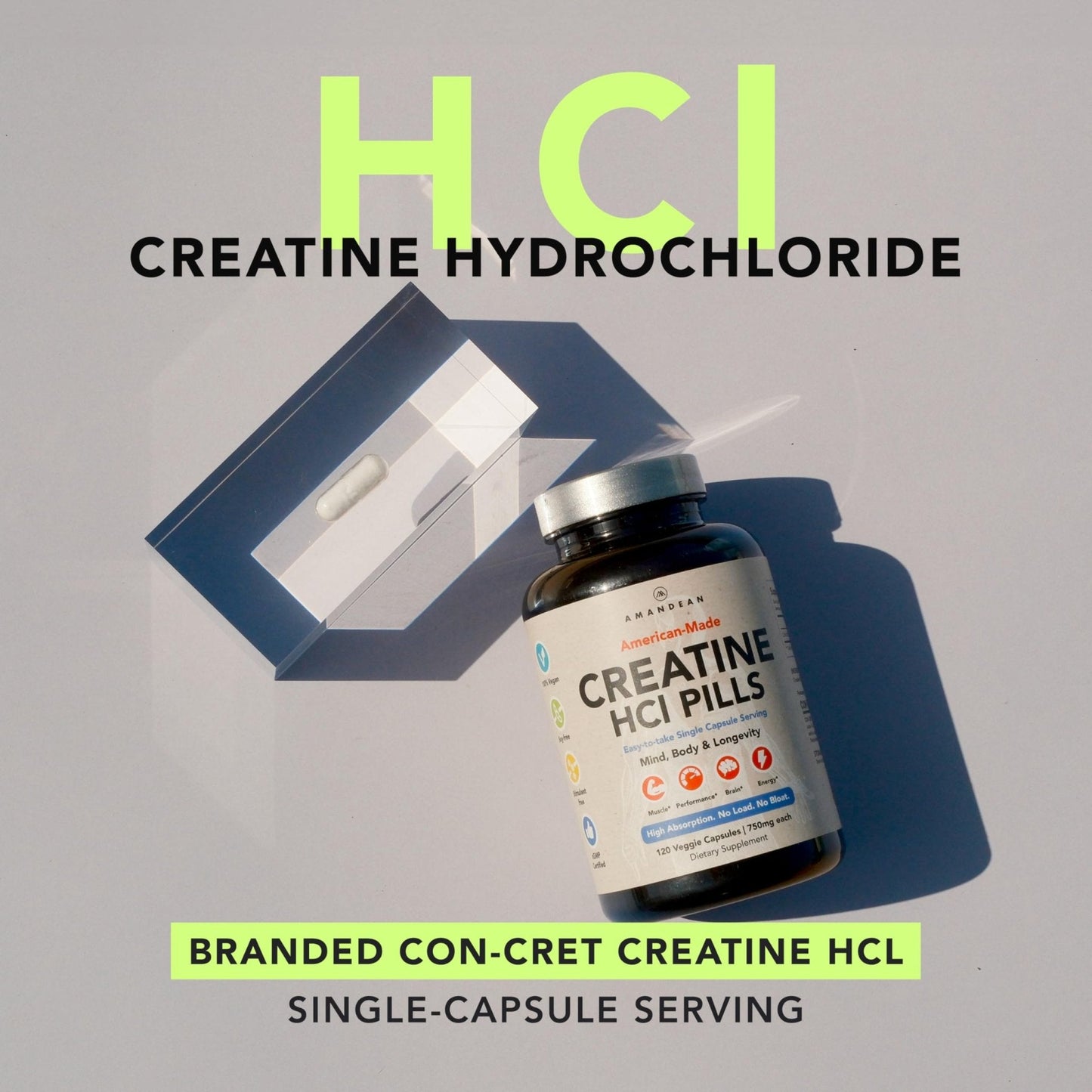 AMANDEAN Creatine HCl Pills. American Made CON-CRET. 120 Capsules. 7X Concentrated. No Bloat. Muscle, Energy, Cognitive, Recovery Support for Men & Women. Gluten Free, Non-GMO. - Maple Wellness Supplements