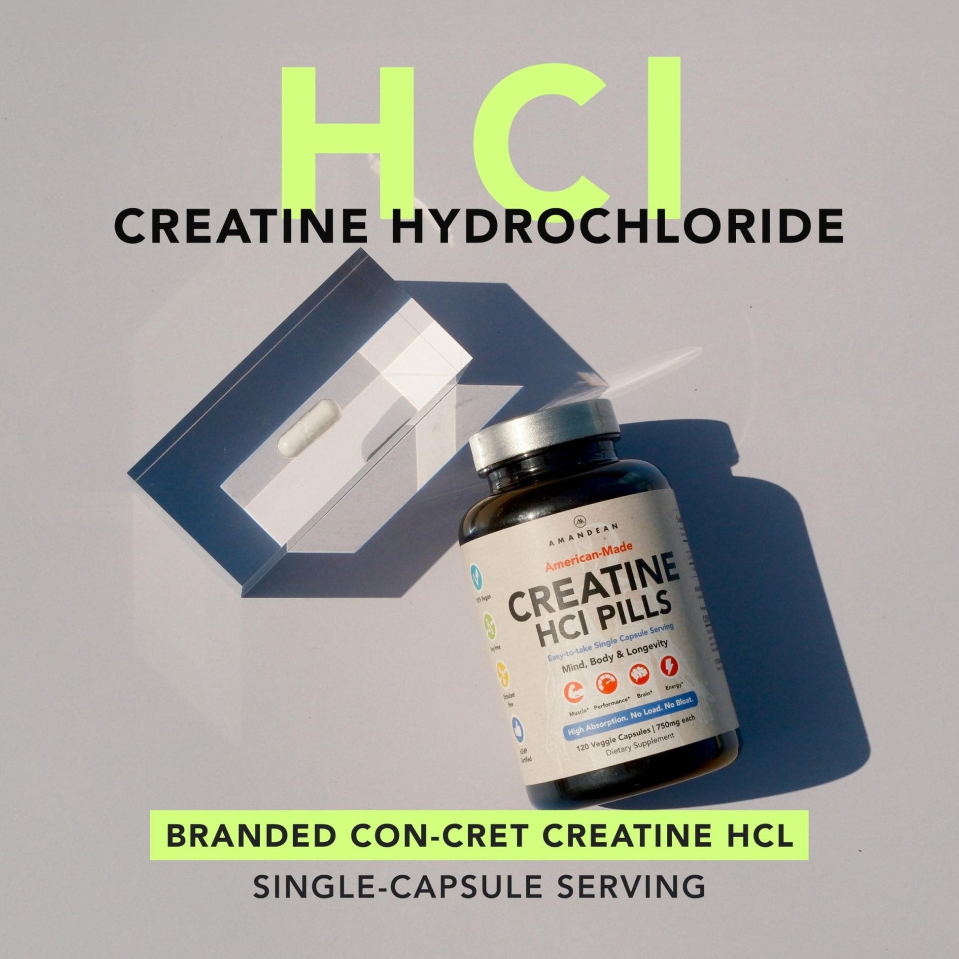 AMANDEAN Creatine HCl Pills. American Made CON-CRET. 120 Capsules. 7X Concentrated vs Monohydrate Powder. No Bloat. Muscle, Energy, Cognitive, Recovery Support for Men & Women. Gluten Free, Non-GMO. - Maple Wellness Supplements
