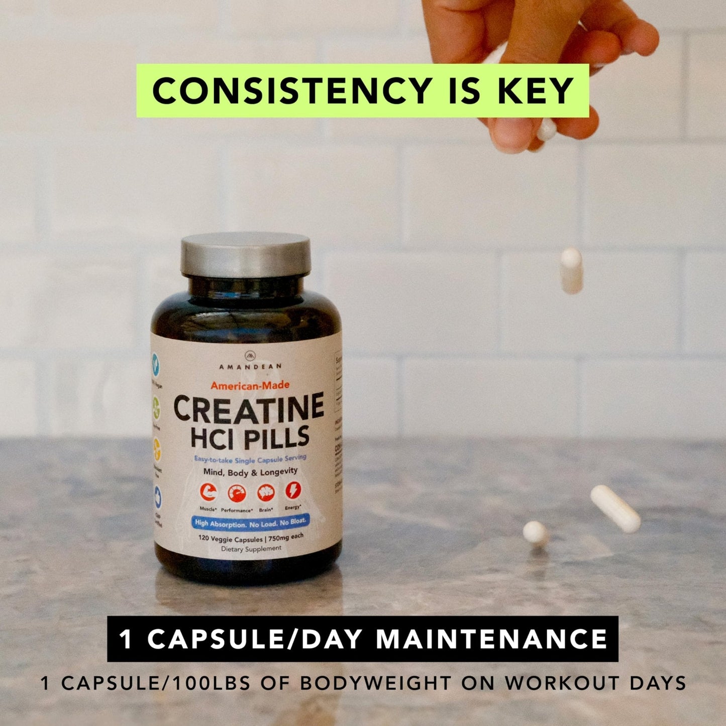AMANDEAN Creatine HCl Pills. American Made CON-CRET. 120 Capsules. 7X Concentrated vs Monohydrate Powder. No Bloat. Muscle, Energy, Cognitive, Recovery Support for Men & Women. Gluten Free, Non-GMO. - Maple Wellness Supplements