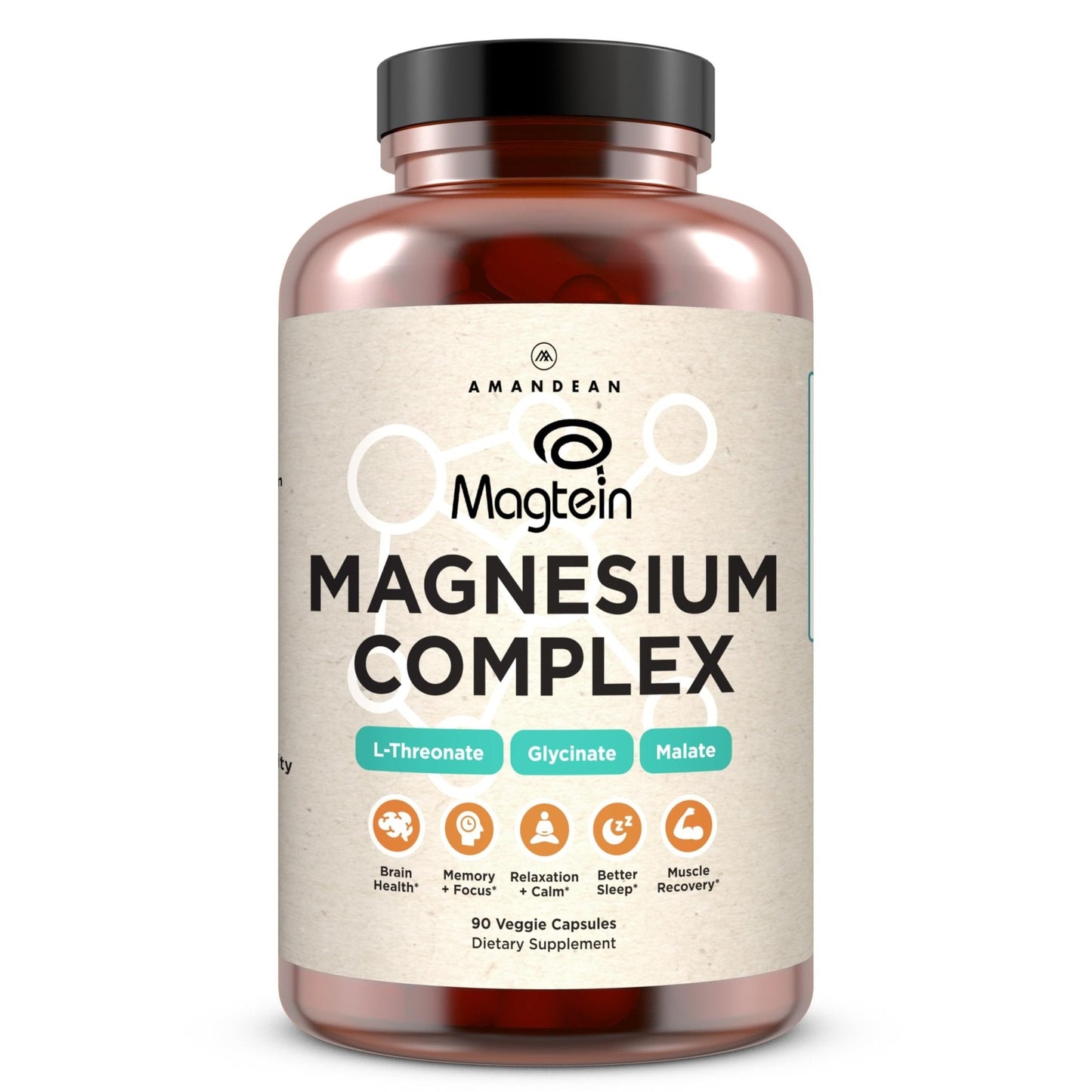 AMANDEAN Magtein Magnesium Complex. L-Threonate, Glycinate, Malate Triple Blend Chelated Magnesium Supplement. 90 Veggie Capsules. High Absorption Branded Ingredients. Brain Health, Sleep, Calm*. - Maple Wellness Supplements