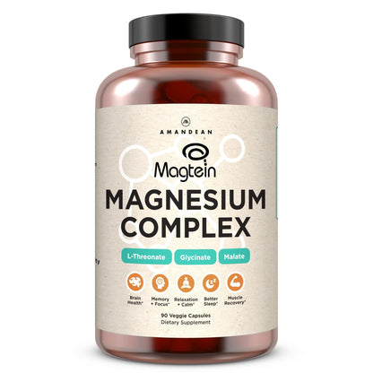 AMANDEAN Magtein Magnesium Complex. L-Threonate, Glycinate, Malate Triple Blend Chelated Magnesium Supplement. 90 Veggie Capsules. High Absorption Branded Ingredients. Brain Health, Sleep, Calm*. - Maple Wellness Supplements