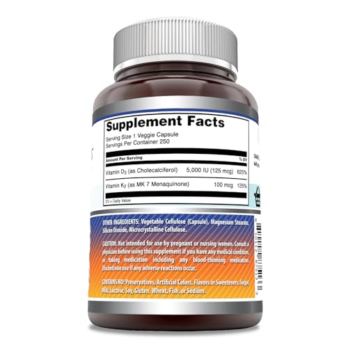 Amazing Formulas Vitamin D3 5000 IU with Vitamin K2 100 Mcg| 250 Veggie Capsules - Maple Wellness Supplements