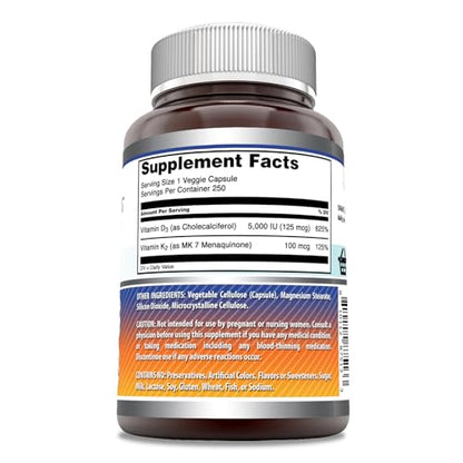 Amazing Formulas Vitamin D3 5000 IU with Vitamin K2 100 Mcg| 250 Veggie Capsules - Maple Wellness Supplements