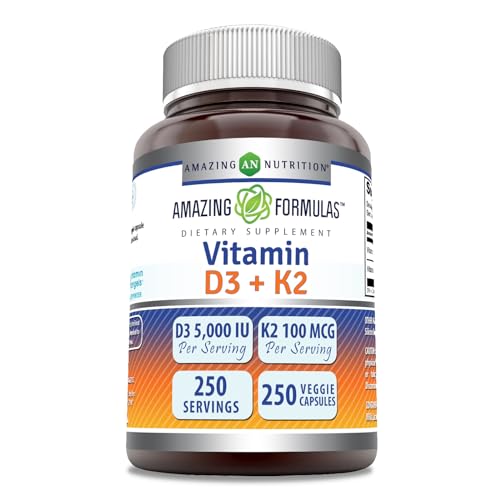 Amazing Formulas Vitamin D3 5000 IU with Vitamin K2 100 Mcg| 250 Veggie Capsules - Maple Wellness Supplements