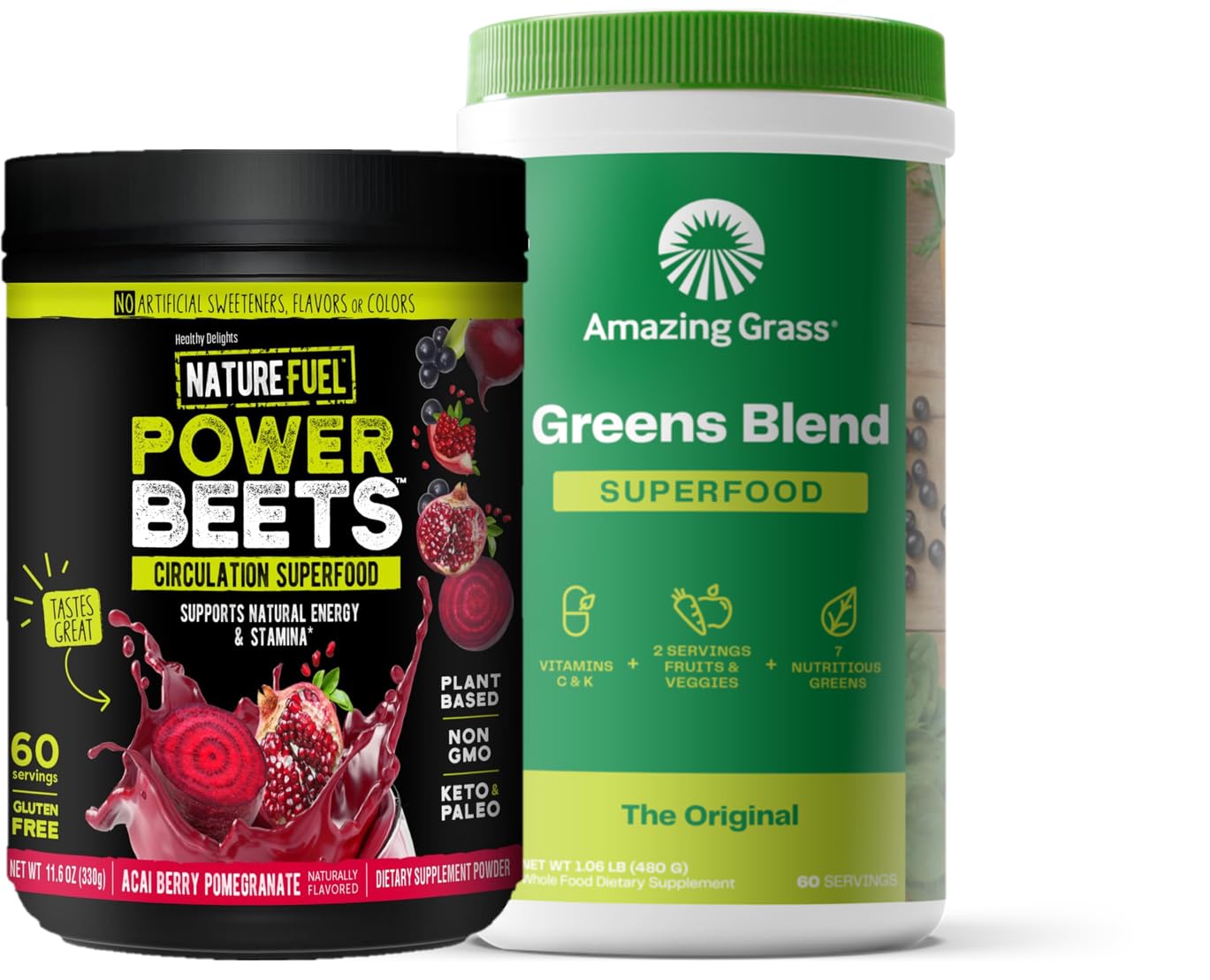 Amazing Grass Greens Blend Superfood: Super Greens Powder Smoothie Mix for Boost Energy, 60 Servings & Nature Fuel Power Beets Powder, Beet Root Powder, Support Natural Energy, 60 Servings - Maple Wellness Supplements