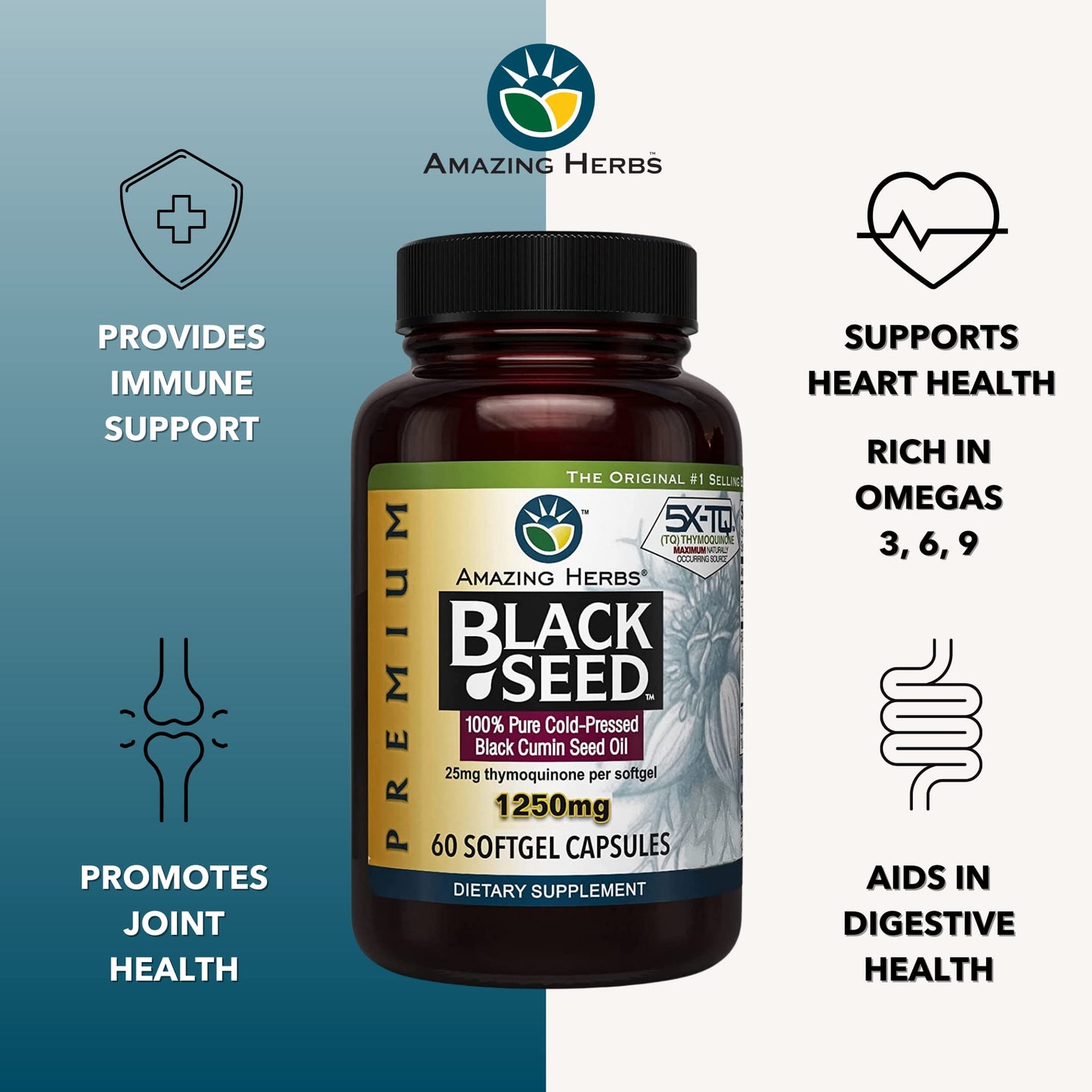 Amazing Herbs Premium Capsules - High Potency, Cold Pressed Nigella Sativa Aids in Digestive Health - Maple Wellness Supplements
