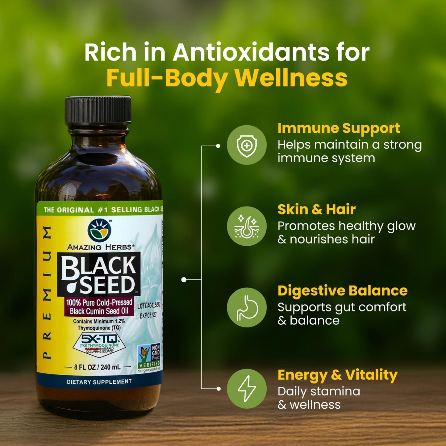 Amazing Herbs Premium Liquid Black Seed Oil - Cold Pressed with Nigella & Sativa, Aids in Digestive Health, Omegas 3 6 & 9, Immune Support, Brain Function - Maple Wellness Supplements