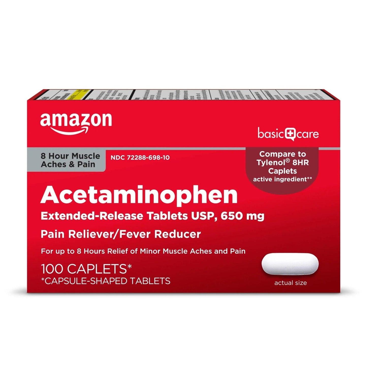 Amazon Basic Care Acetaminophen Extended-Release Tablets, 650 mg, Pain Reliever, Fever Reducer, 8 Hour Relief, 100 Count - Maple Wellness Supplements