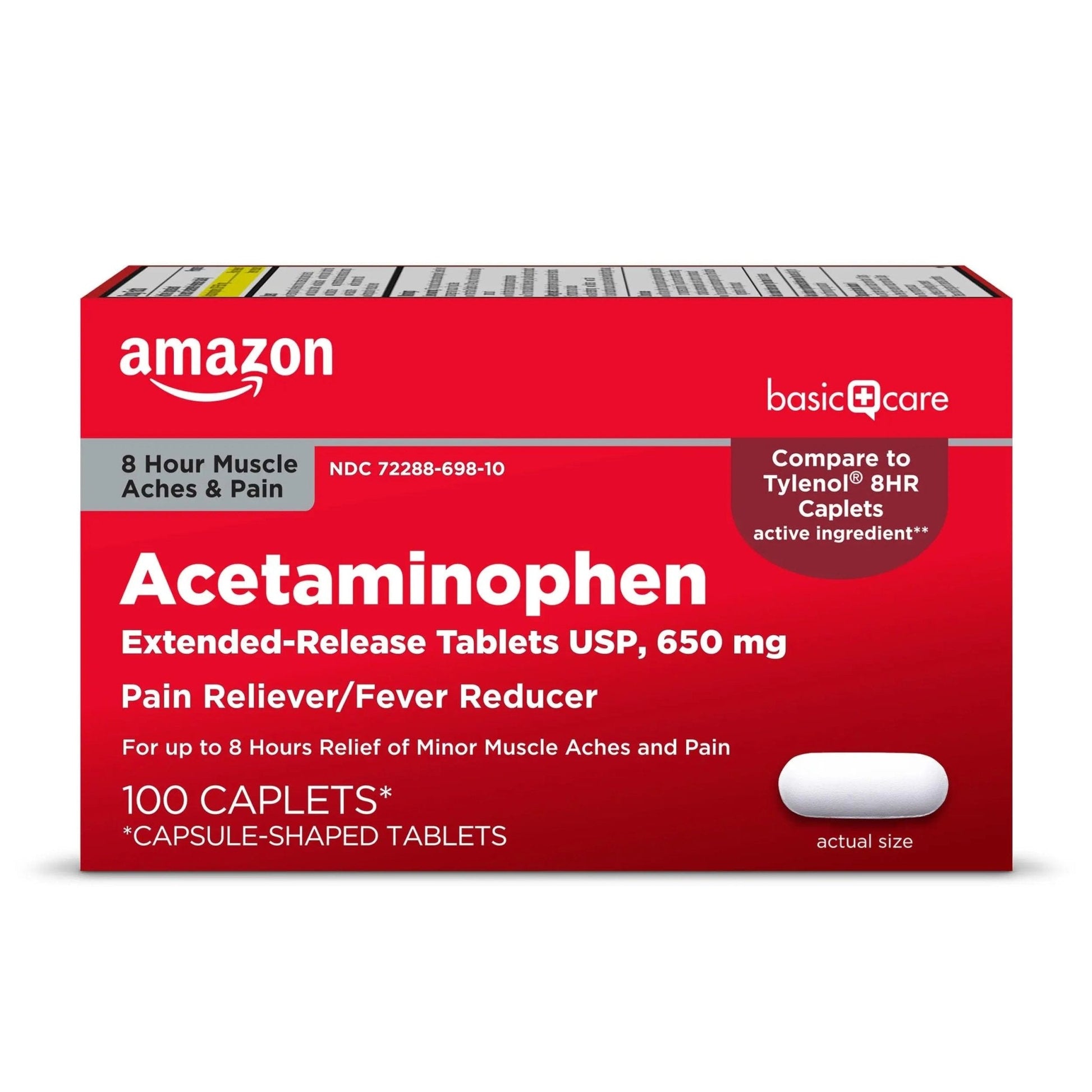 Amazon Basic Care Acetaminophen Extended-Release Tablets, 650 mg, Pain Reliever, Fever Reducer, 8 Hour Relief, 100 Count - Maple Wellness Supplements
