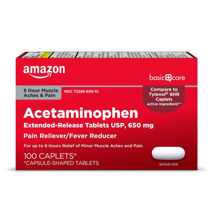 Amazon Basic Care Acetaminophen Extended-Release Tablets, 650 mg, Pain Reliever, Fever Reducer, 8 Hour Relief, 100 Count - Maple Wellness Supplements
