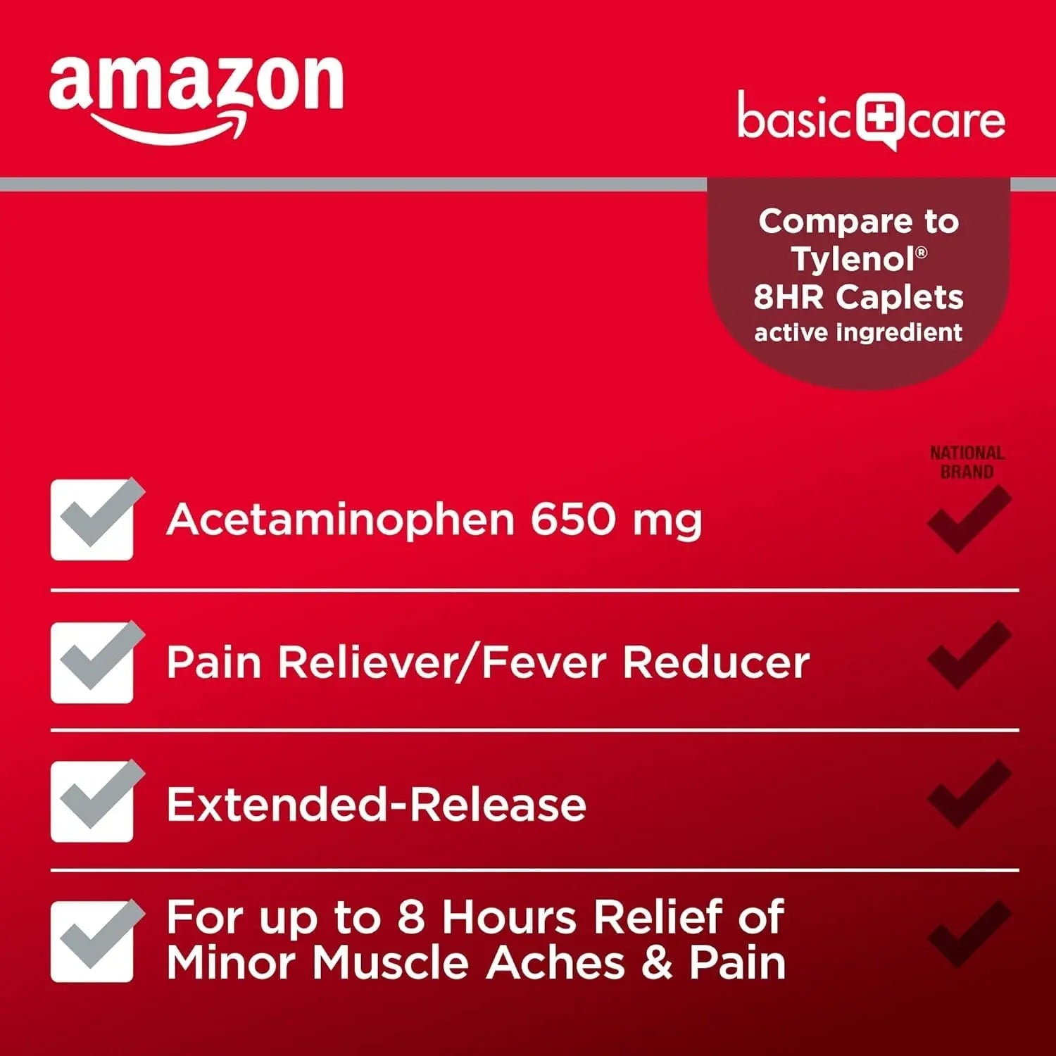 Amazon Basic Care Acetaminophen Extended-Release Tablets, 650 mg, Pain Reliever, Fever Reducer, 8 Hour Relief, 100 Count - Maple Wellness Supplements