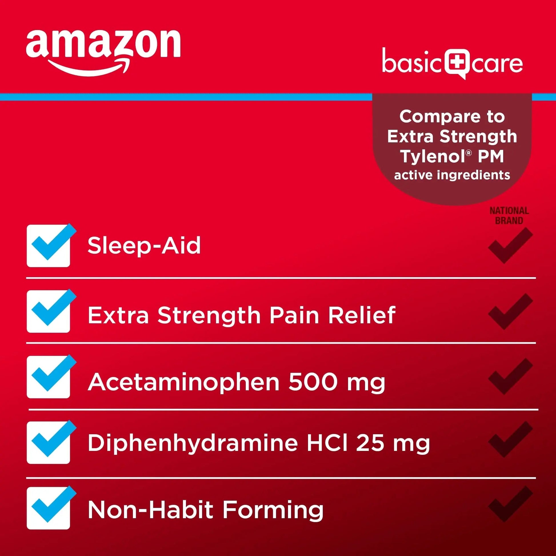 Amazon Basic Care Acetaminophen PM, Pain Reliever Plus Nighttime Sleep Aid, Blue, 100 Count - Maple Wellness Supplements