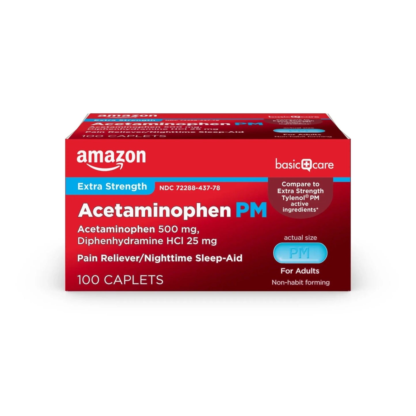 Amazon Basic Care Acetaminophen PM, Pain Reliever Plus Nighttime Sleep Aid, Blue, 100 Count - Maple Wellness Supplements