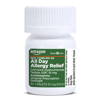 Amazon Basic Care All Day Allergy, Cetirizine Hydrochloride Tablets, 10 mg, 24-Hour Relief for Sneezing, Runny Nose, Itchy Eyes & Throat, Indoor & Outdoor Allergy Relief, 30 Count - Maple Wellness Supplements