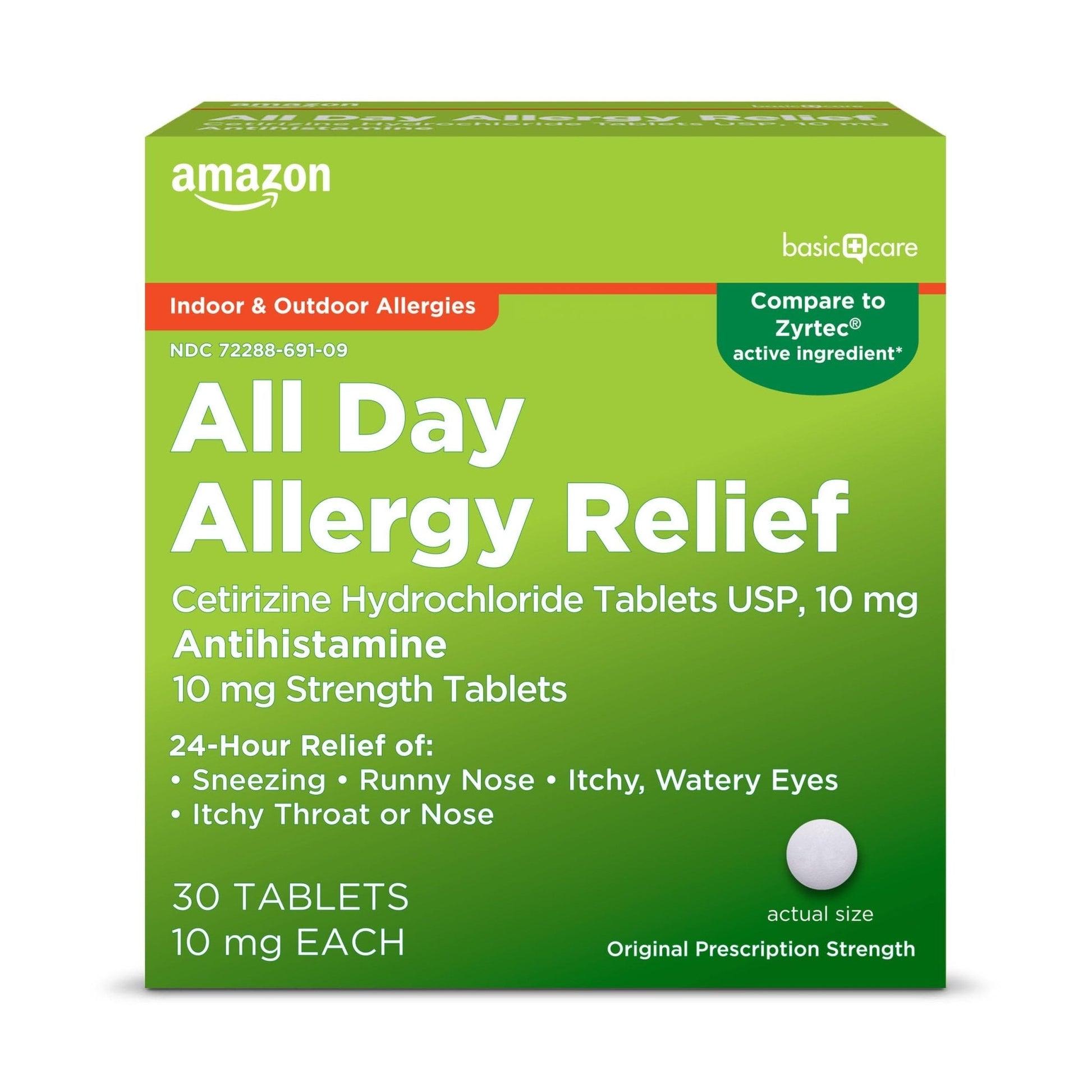 Amazon Basic Care All Day Allergy, Cetirizine Hydrochloride Tablets, 10 mg, 24-Hour Relief for Sneezing, Runny Nose, Itchy Eyes & Throat, Indoor & Outdoor Allergy Relief, 30 Count - Maple Wellness Supplements