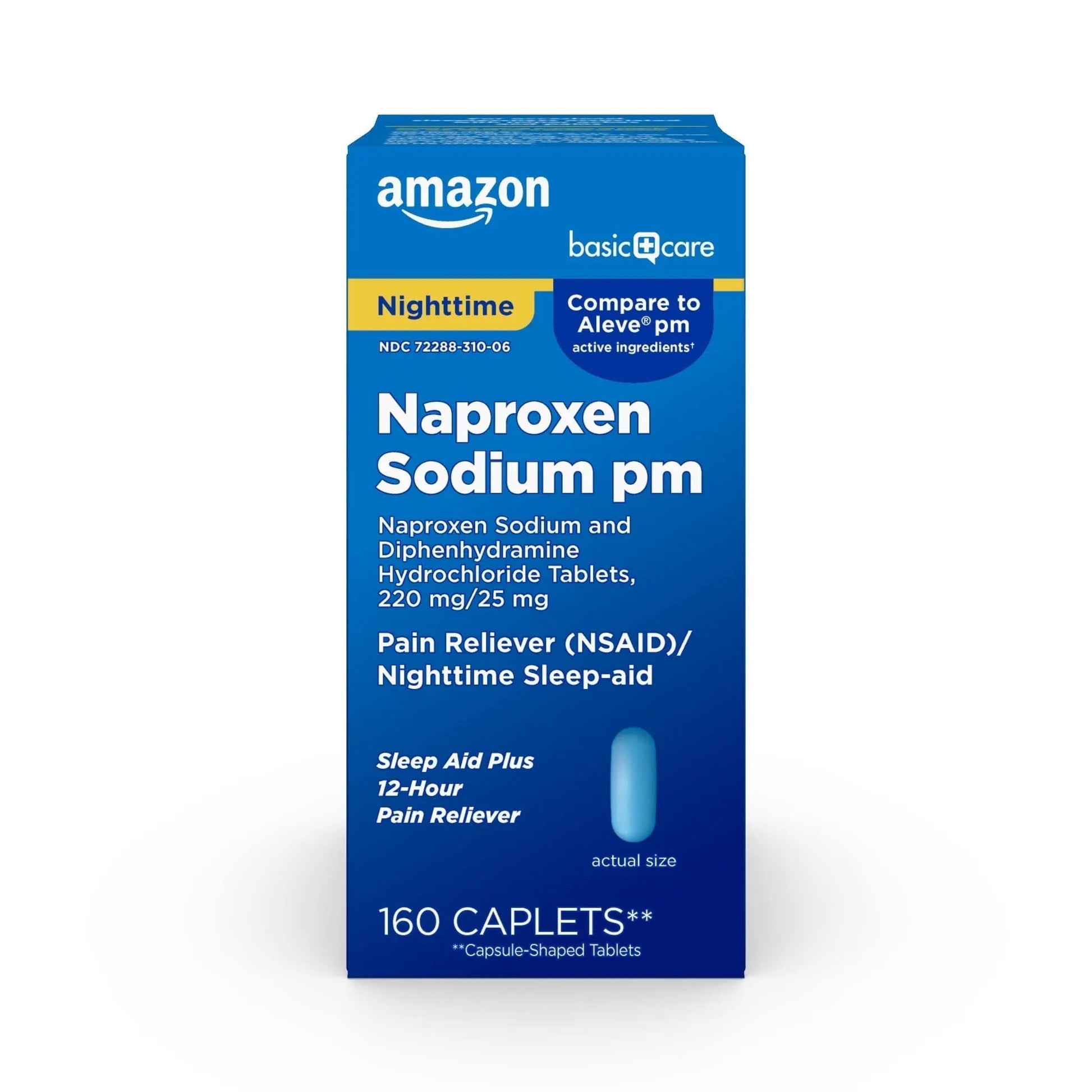 Amazon Basic Care All Night Pain Relief PM, Naproxen Sodium 220 mg/Diphenhydramine Hydrochloride 25 mg Tablets, Pain Reliever/Nighttime Sleep-Aid, 160 Count - Maple Wellness Supplements