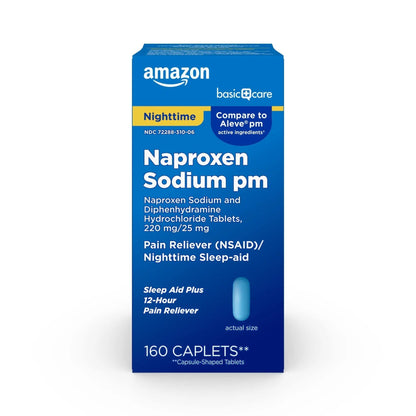 Amazon Basic Care All Night Pain Relief PM, Naproxen Sodium 220 mg/Diphenhydramine Hydrochloride 25 mg Tablets, Pain Reliever/Nighttime Sleep-Aid, 160 Count - Maple Wellness Supplements