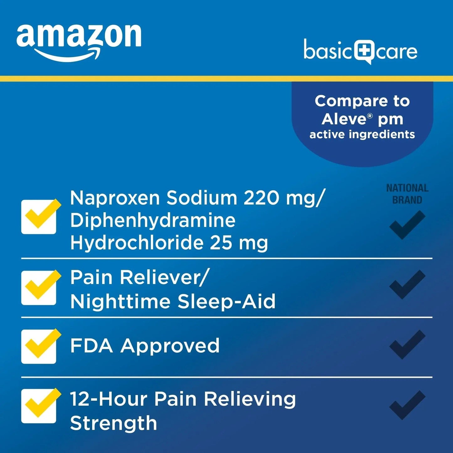 Amazon Basic Care All Night Pain Relief PM, Naproxen Sodium 220 mg/Diphenhydramine Hydrochloride 25 mg Tablets, Pain Reliever/Nighttime Sleep-Aid, 160 Count - Maple Wellness Supplements