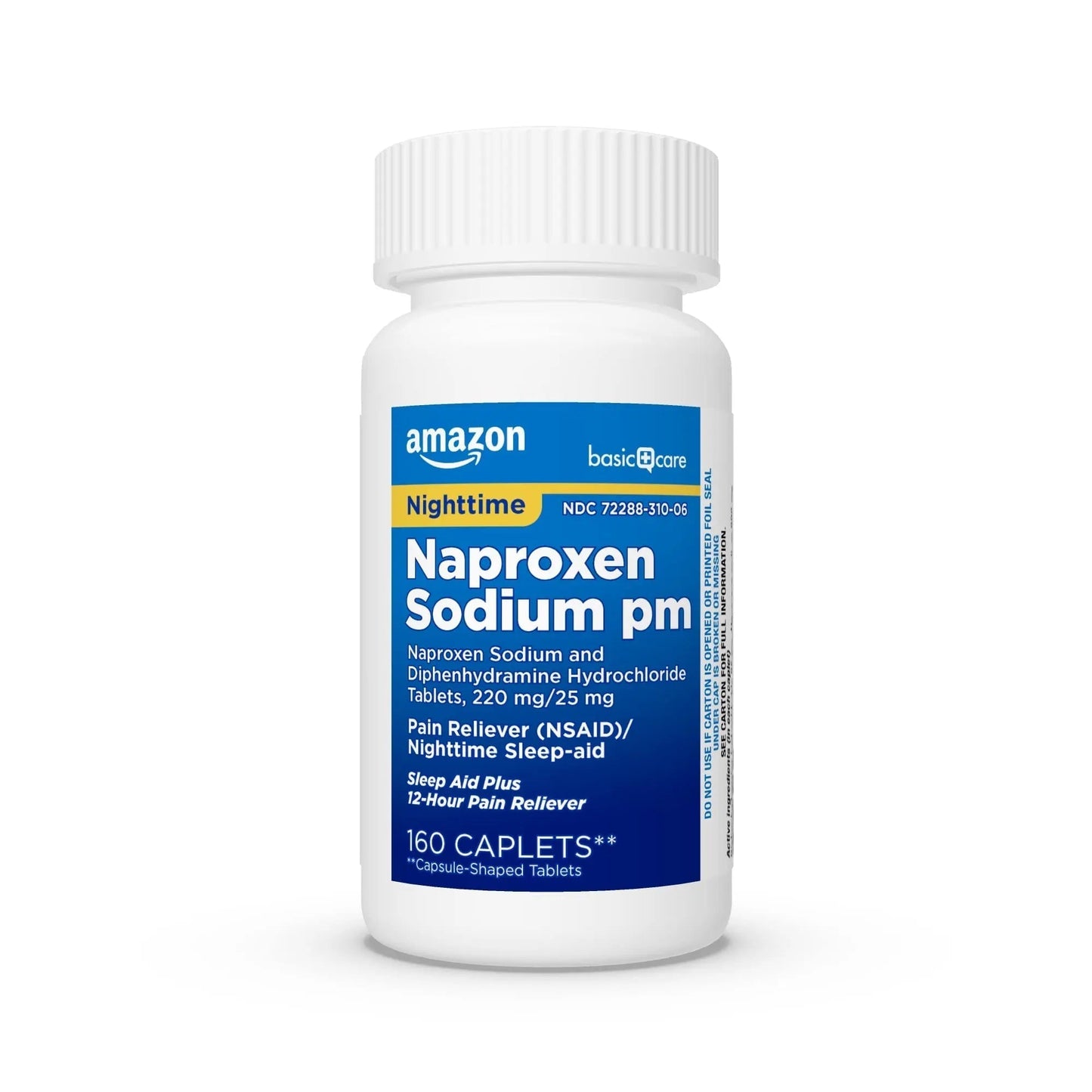 Amazon Basic Care All Night Pain Relief PM, Naproxen Sodium 220 mg/Diphenhydramine Hydrochloride 25 mg Tablets, Pain Reliever/Nighttime Sleep-Aid, 160 Count - Maple Wellness Supplements
