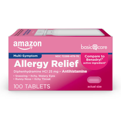 Amazon Basic Care Allergy Relief Diphenhydramine HCl 25 mg, Antihistamine Tablets for Symptoms Due to Hay Fever and Upper Respiratory Allergies, Mini-Tabs, 100 Count - Maple Wellness Supplements