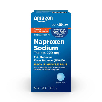 Amazon Basic Care Back and Muscle Pain, 220 mg Naproxen Sodium Tablets, 12-Hour Pain Relief, Headache, Arthritis, Menstrual Cramps, Fever Reducer, 90 Count - Maple Wellness Supplements