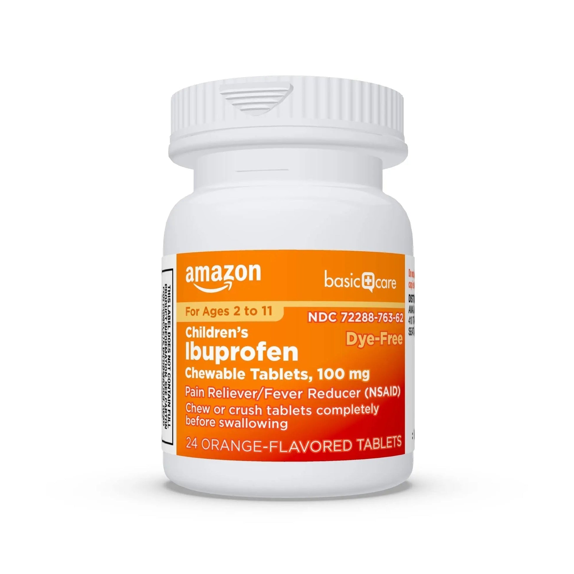 Amazon Basic Care Children's Ibuprofen Chewable Tablets 100 mg, Orange Flavor, Dye Free, Pain Reliever and Fever Reducer (NSAID), For Ages 2-11, 24 Count - Maple Wellness Supplements