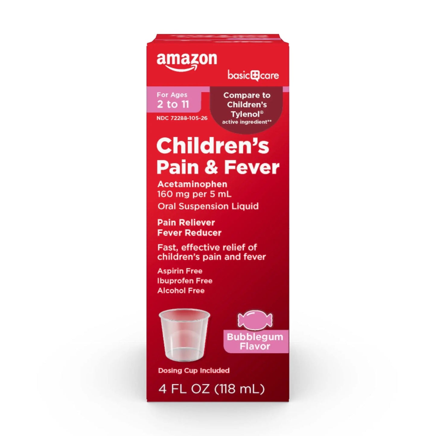 Amazon Basic Care Children's Pain Reliever and Fever Reducer, Acetaminophen 160 mg per 5 ml, Bubblegum Flavor, for Headache and Sore Throat, Ages 2-11 Years, 4 fl oz - Maple Wellness Supplements