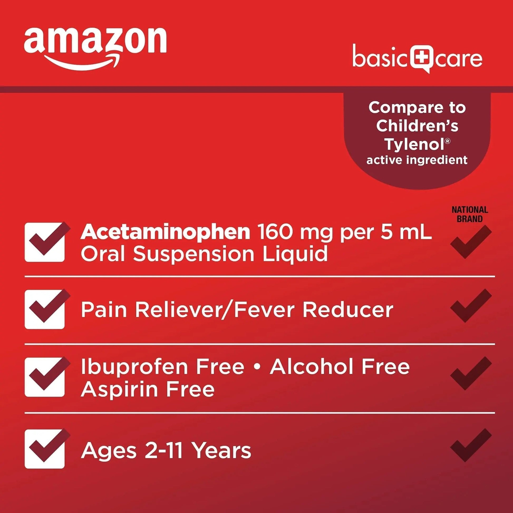 Amazon Basic Care Children's Pain Reliever and Fever Reducer, Acetaminophen 160 mg per 5 ml, Bubblegum Flavor, for Headache and Sore Throat, Ages 2-11 Years, 4 fl oz - Maple Wellness Supplements