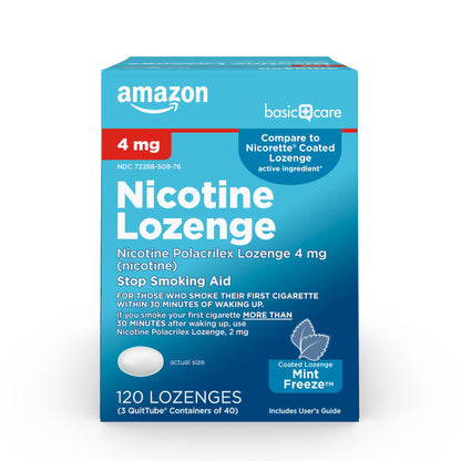 Amazon Basic Care Coated Ice Mint Nicotine Polacrilex Lozenges, 4 mg, Stop Smoking Aid, 120 Count - Maple Wellness Supplements